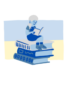 PNG image in grey, blue and yellow of a girl sitting on three books, reading a paper with the Ukranian flag in the background.