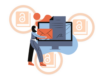 PNG image in black, white, blue, and orange depicting a person holding a large letter and in front of a computer with the OABN logo in the background.