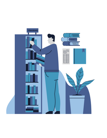 PNG image in black, white and blue depicting a person adding books to a full shelf and surrounded by notepads, plants, and books..