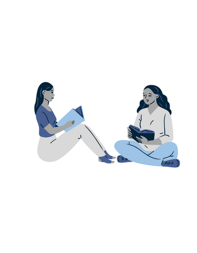 PNG image in black, white and blue depicting two people reading books while sitting on the floor.