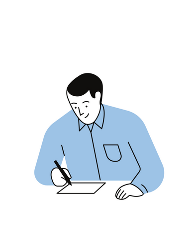 PNG image in black, white and blue depicting a person writing on a piece of paper.