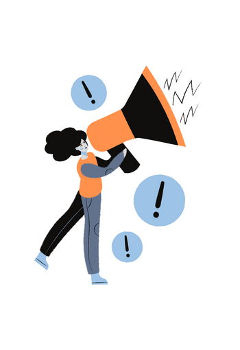 PNG image in black, white, orange, and blue depicting a person holding a large speaker.