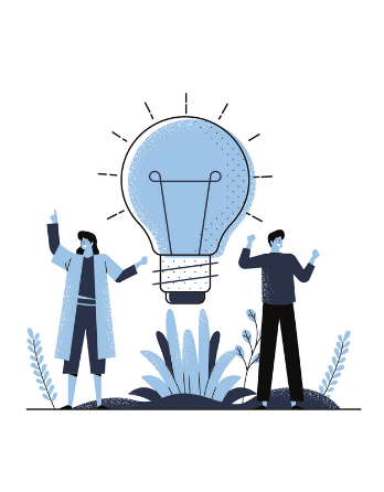 PNG image in black, white, and blue, depicting two people next to a big light bulb and surrounded by plants at the bottom.