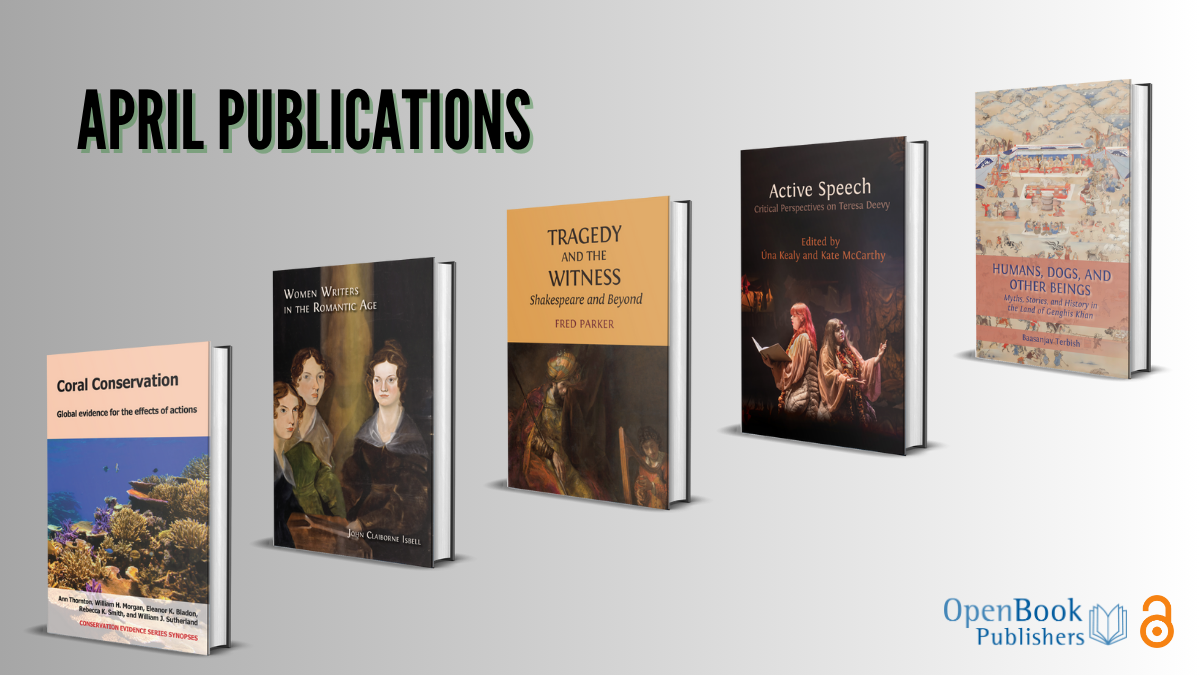 Image with our five new book covers laid out in a diagonal pattern on a grey background with the words 'April publications' above in black capital letters.