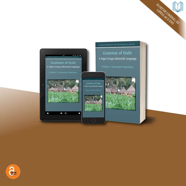 A composite image of 'Grammar of Etulo' in print and digital editions, with a banner in the corner that says 'forthcoming in open access'.