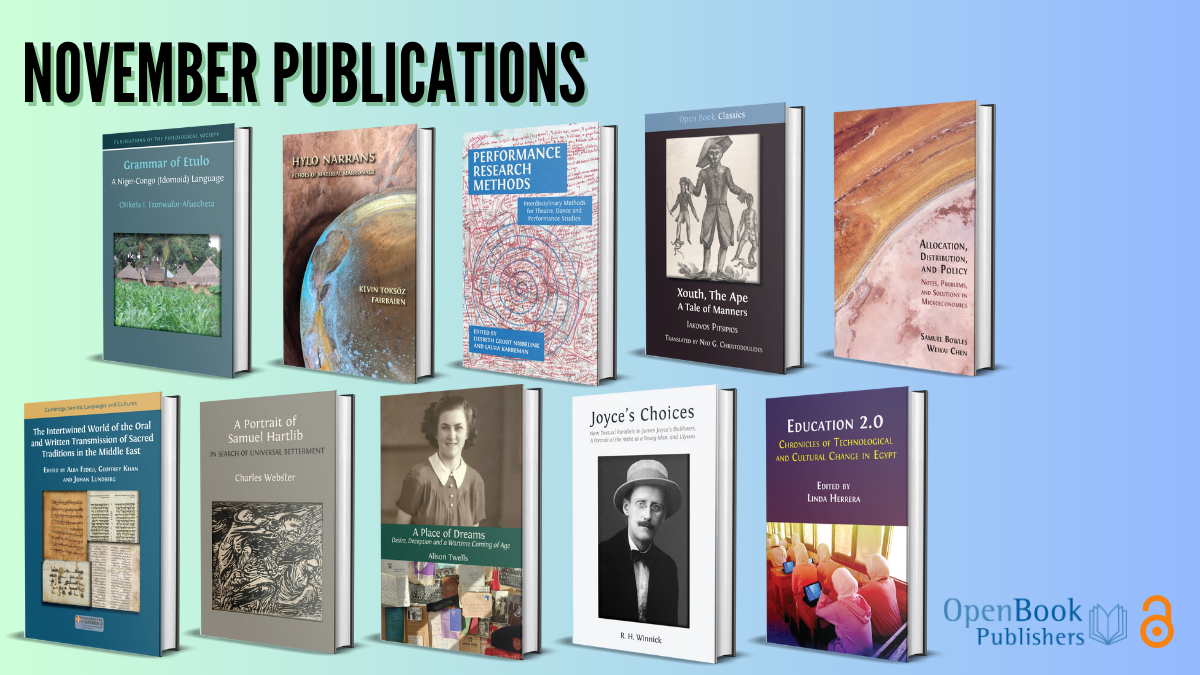 Image with our ten new book covers laid out in a diagonal pattern on a blue and green background with the words 'November publications' above in black capital letters