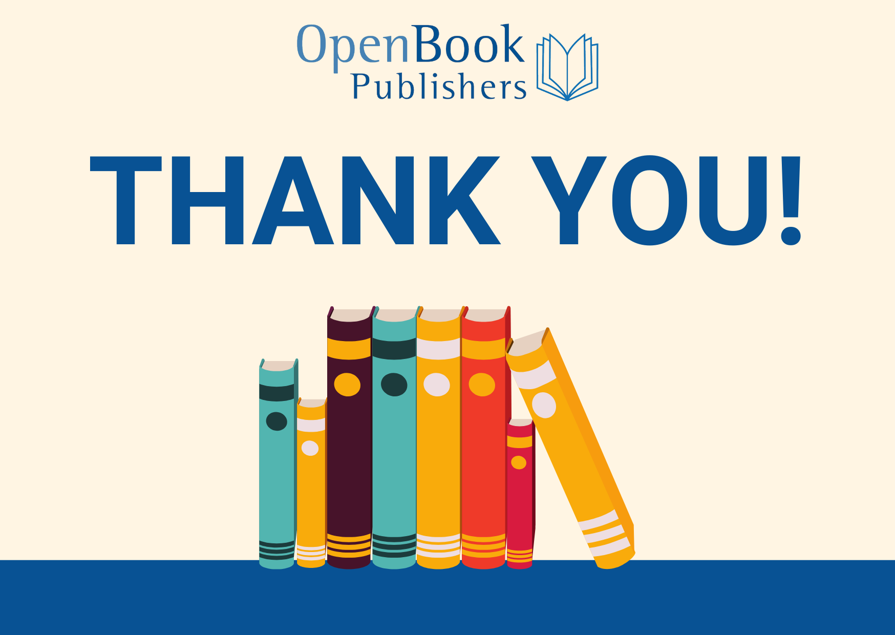 The OBP logo and the words 'Thank you!' in blue writing over a graphic of a shelf of colourful books.
