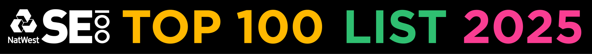 A banner with the NatWest logo and the words 'SE100 Top 100 List 2025' in colourful capital letters