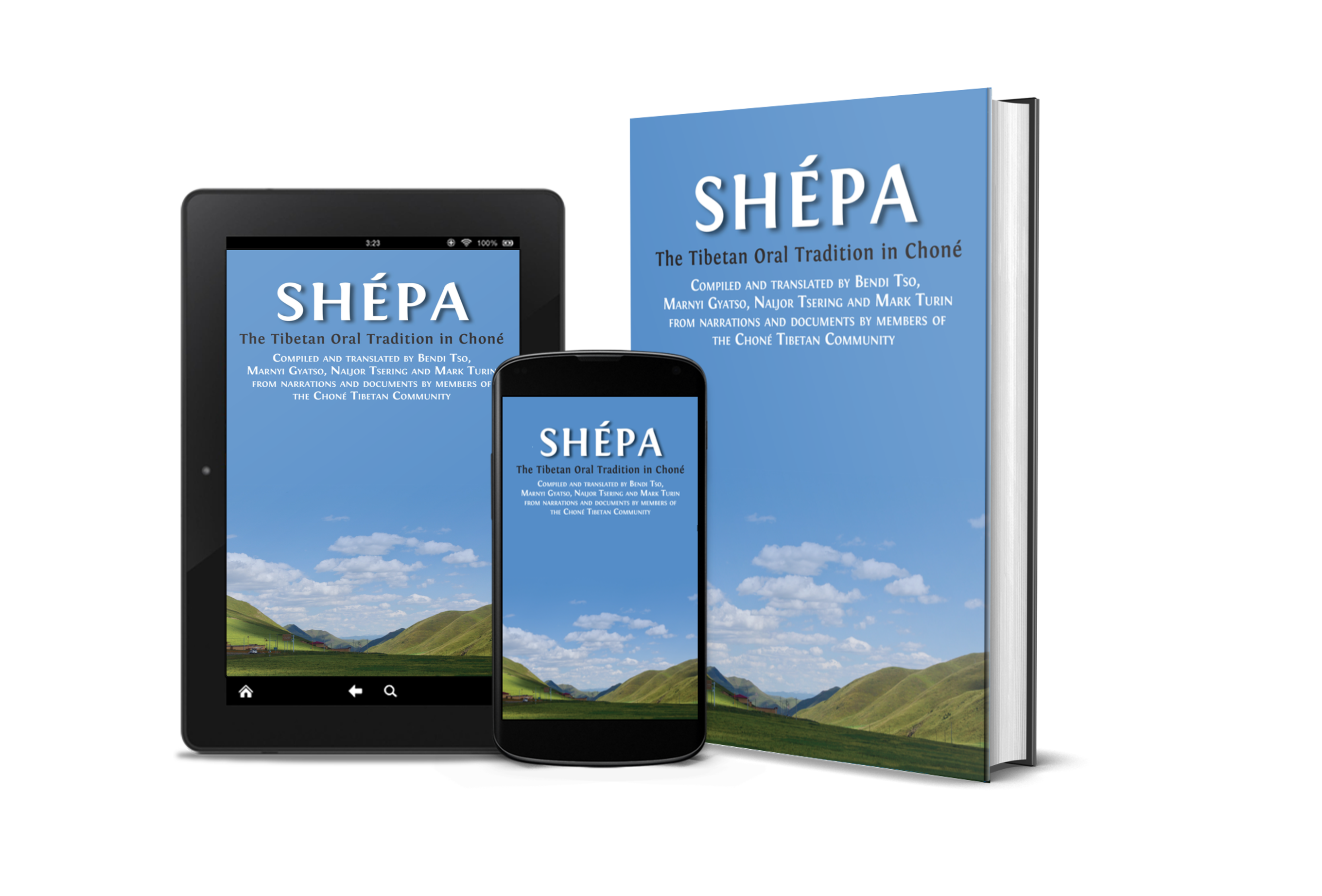 The book in three formats: hardback, on a tablet and on a smartphone.