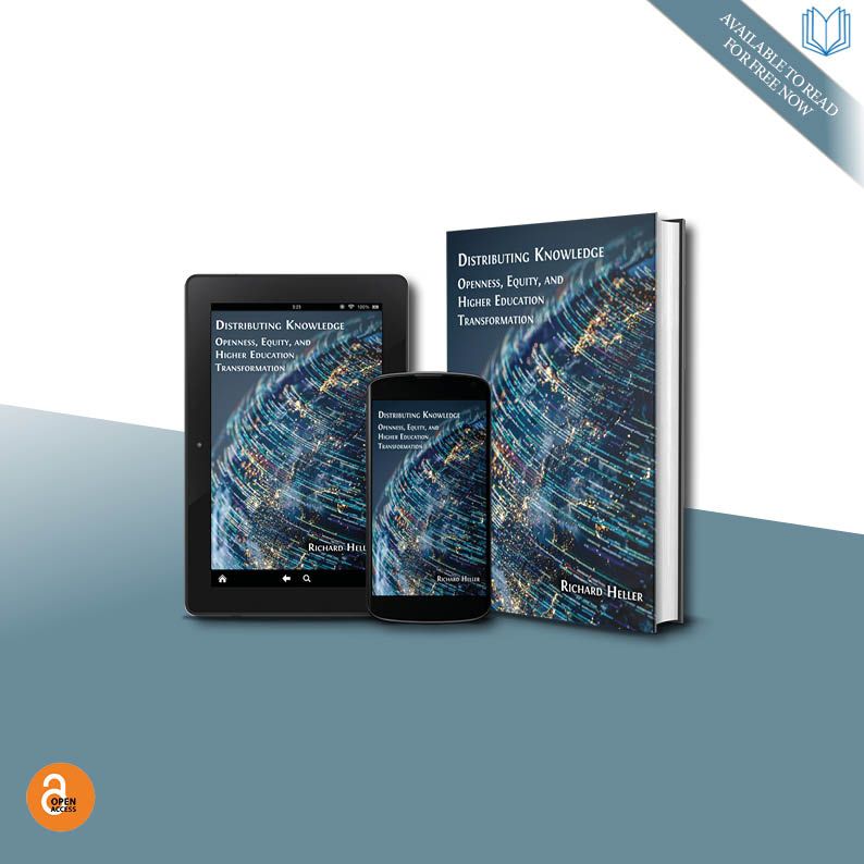 Heller's book in three formats (hardback, smartphone and tablet) on a colourful background