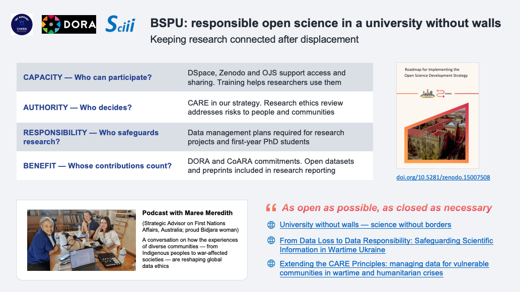 A slide reflecting on the need for responsible openness and questions around the opening of information, including 'Who can participate? Who decides? Who safeguards research? Whose contributions count?'