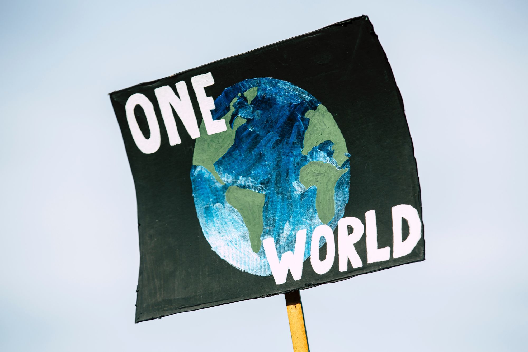 A photo of a placard with a painted image of the earth in the middle and 'ONE WORLD' in white text above and below.