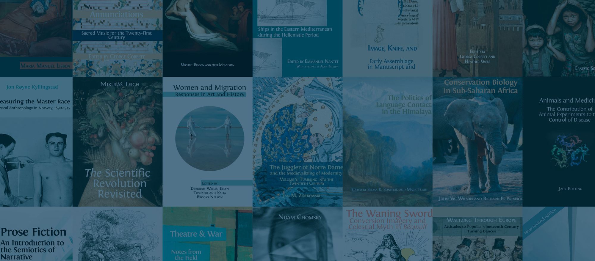 A collage of OBP book covers with a blue wash over the top