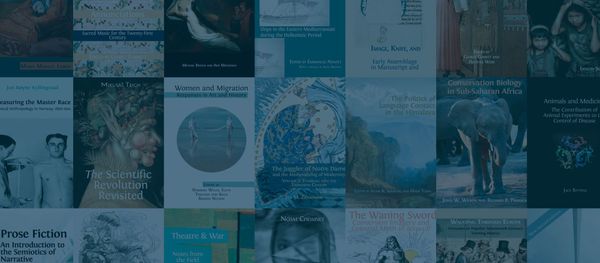 A collage of OBP book covers with a blue wash over the top